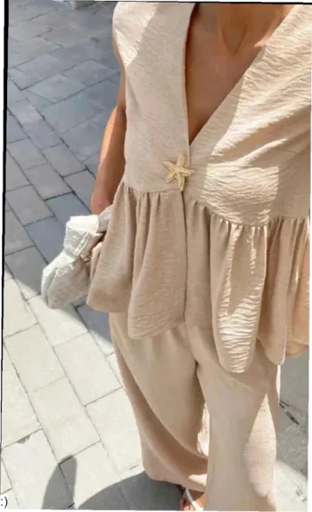 Ensemble Femme Deux Pièces Beige - Haut Sans Manches Pantalon Large - Taille M Neuf Jamais Porté