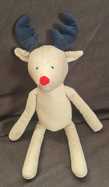 Doudou peluche cerf / Renne blanc et gris au nez rouge - Obaibi
