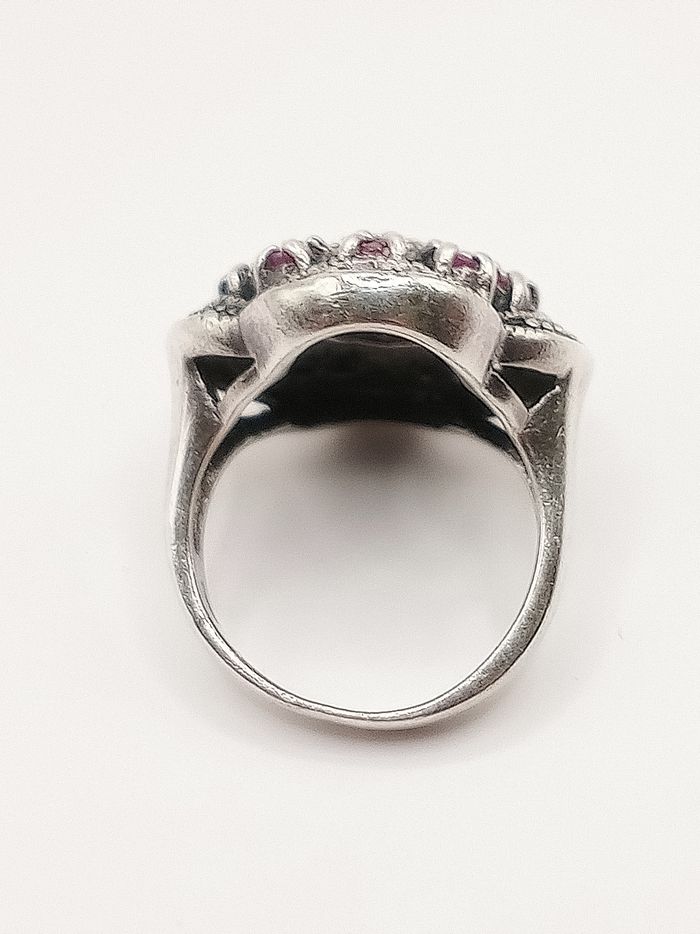 Antico anello da cocktail vintage donna rubini e marcasiti in massiccio argento 925 - photo numéro 6