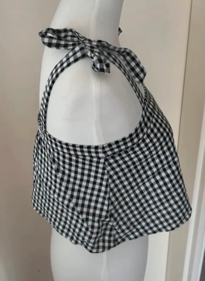 Madewell  top été court débardeur, caraco à bretelles,  Imprimé carreaux Vichy noir et blanc - photo numéro 6