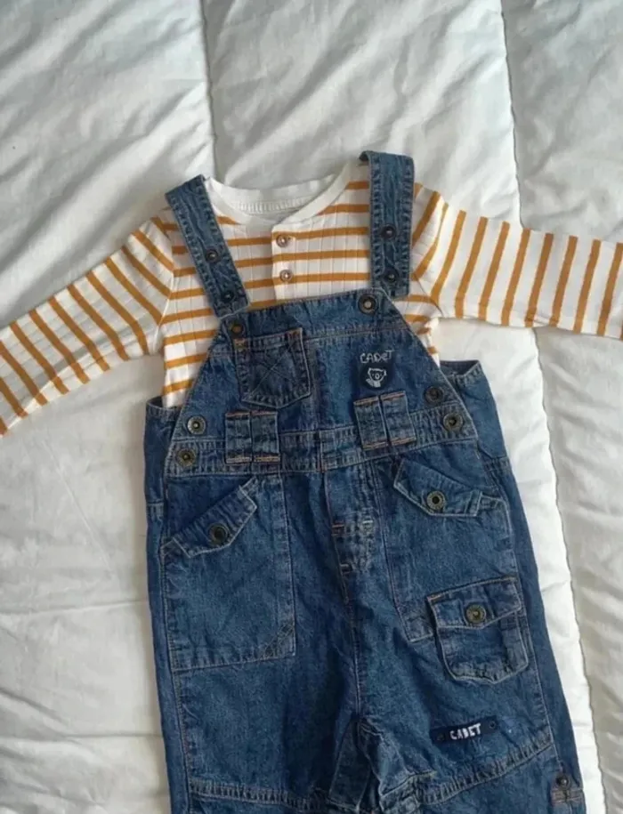 Ensemble salopette jean et T shirt manches longues Cadet Rouselle garçon 6 mois - photo numéro 2