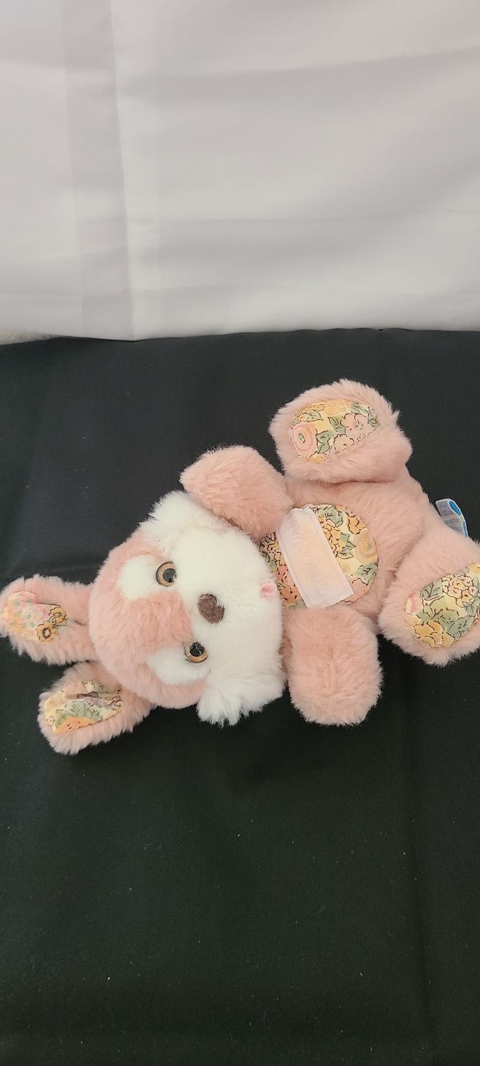 DOUDOU PELUCHE NOUNOURS LAPIN vintagevieux rose fleuris langue yeux jaune - photo numéro 5