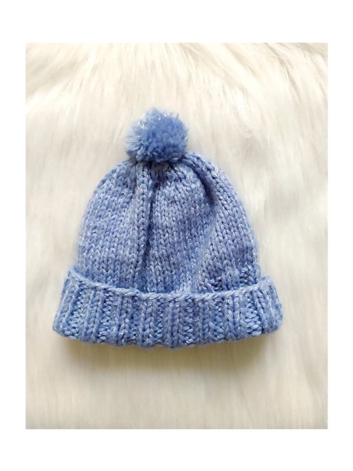 Bonnet pompon bébé automne-hiver naissance 0-1 mois bleu lavande unisexe garçon fille tricoté main