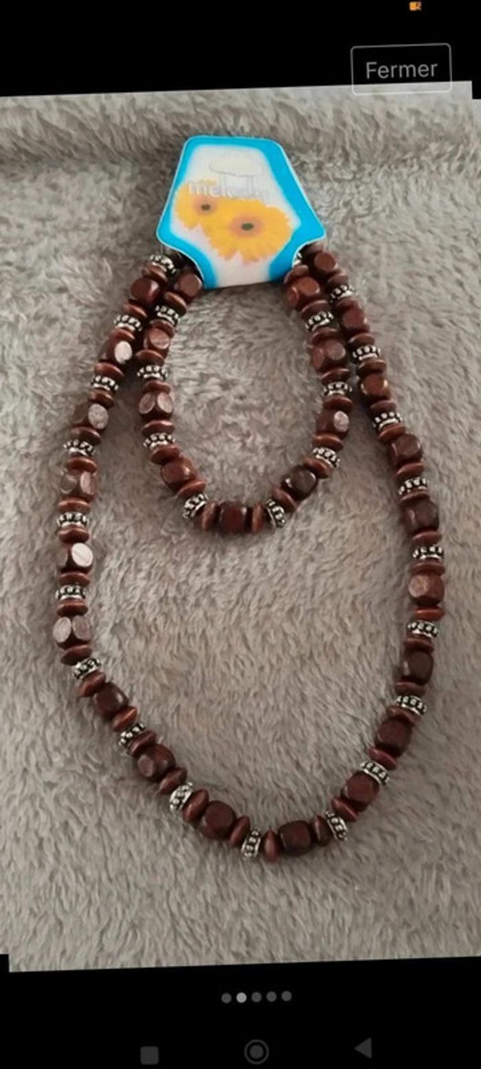 Ensemble collier bracelet marron élastique - photo numéro 2