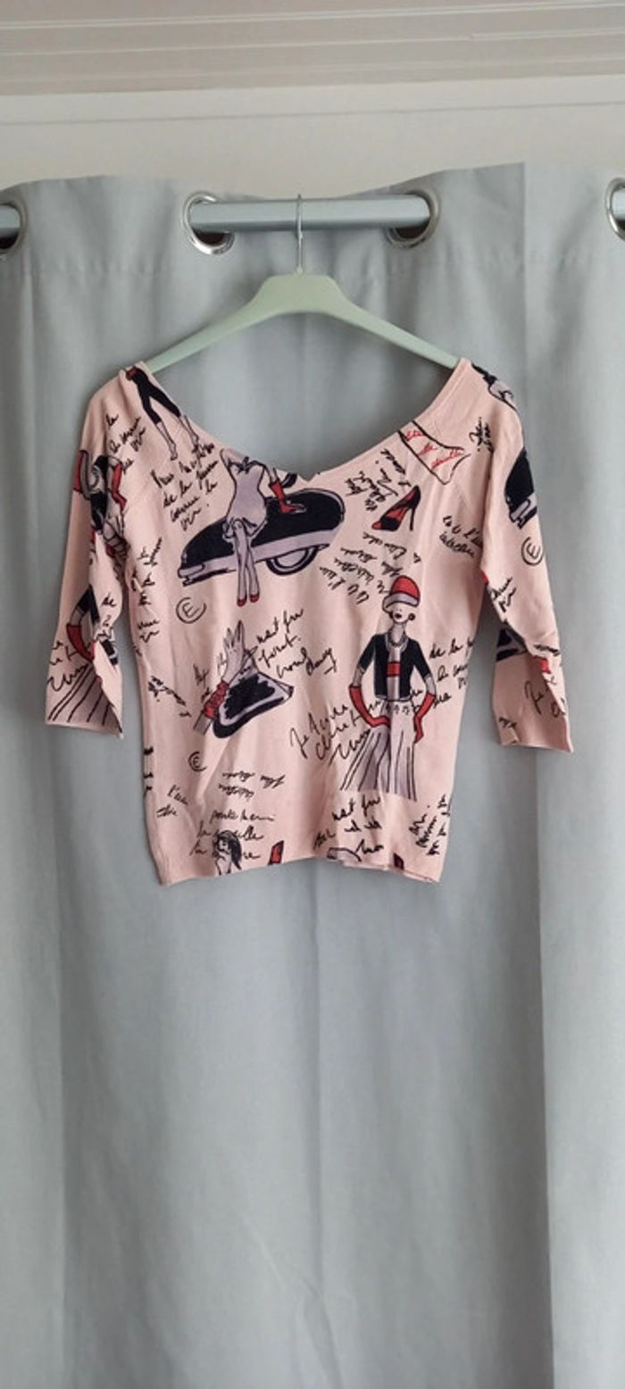 Pull fin manches 3/4 vintage 36 rose et noir - photo numéro 2