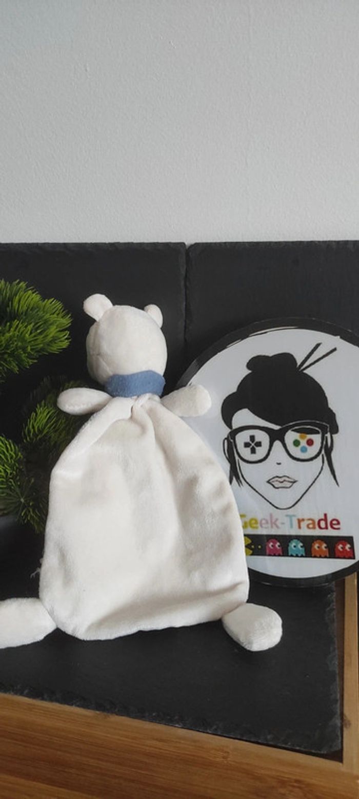 H & M Doudou plat ours rayé bleu beige echarpe rayure lama blanc chat - photo numéro 2