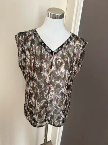 Ikks haut top blouse voilée imprimer camouflage, taille M/38