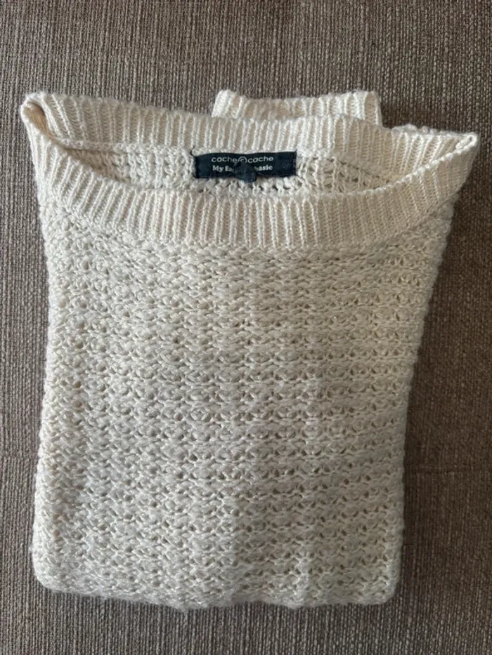 Pull maille écru liseré argenté S - photo numéro 8
