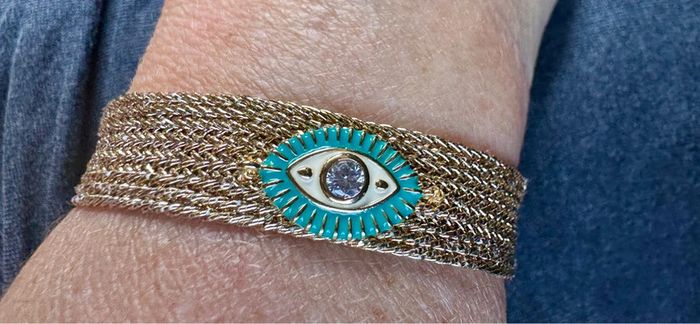 Bracelet manchette fils tissés dorés pailletés œil perles turquoises cristal habaha Paris - photo numéro 5