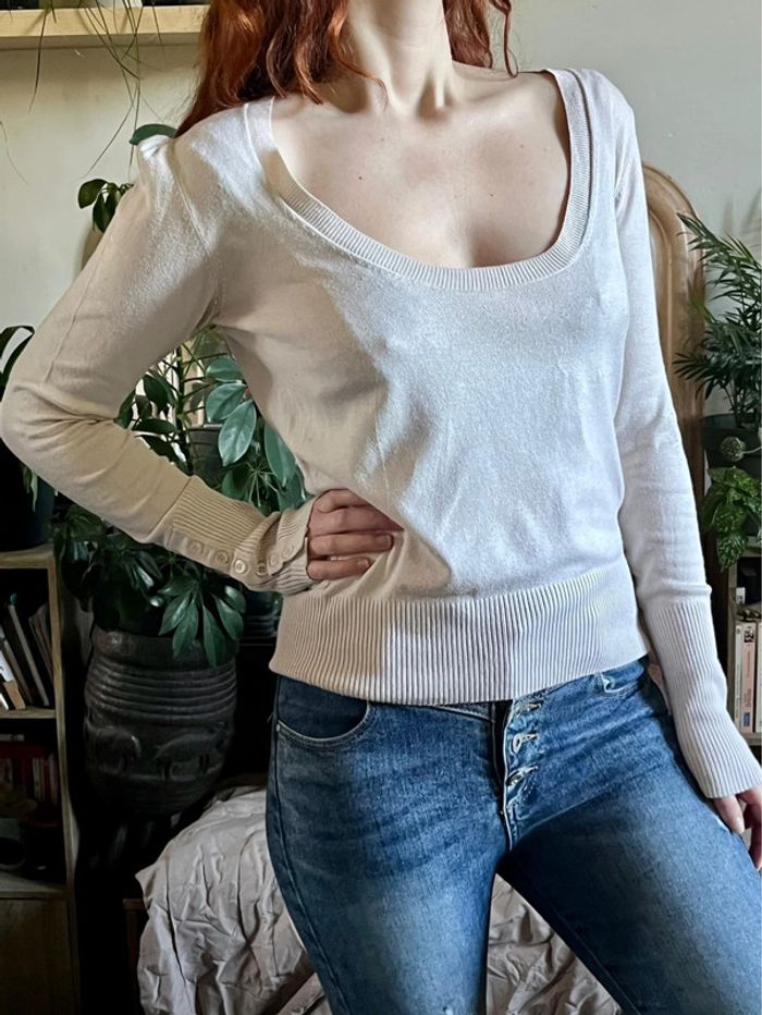 Haut fluide manche longue grand décolleté rond - blanc crème - photo numéro 2