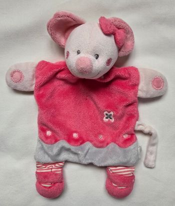 Doudou plat souris rose et grise - Fleur - Nicotoy