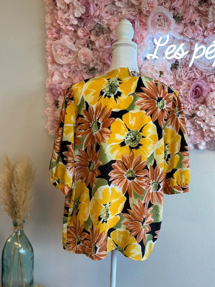 Chemise jaune imprimée fleurs, modèle vintage, taille unique - Saint Charles - photo numéro 8
