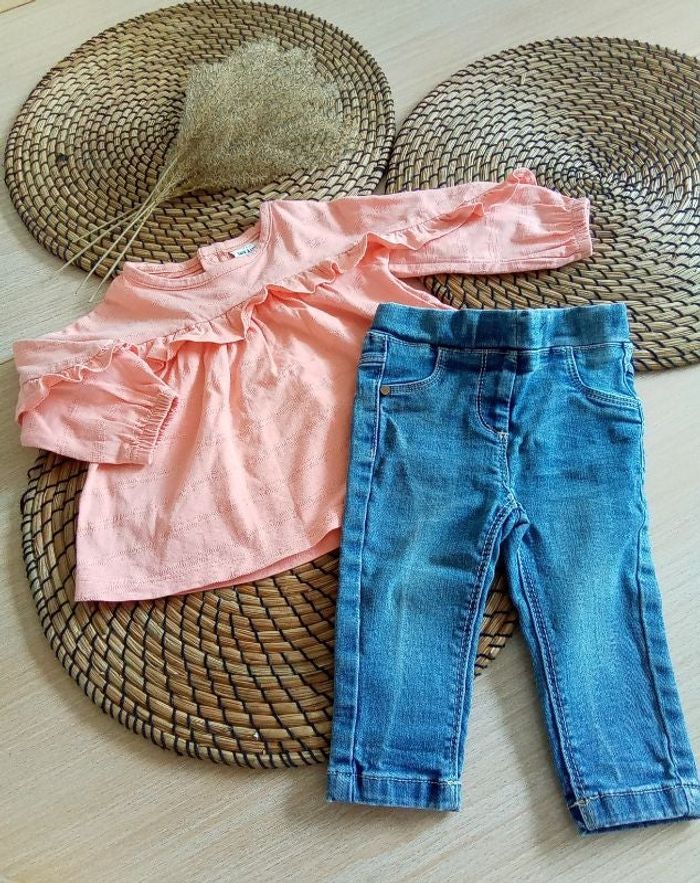 Ensemble jean + tunique abricot avec volants Tape à l'oeil 6 mois