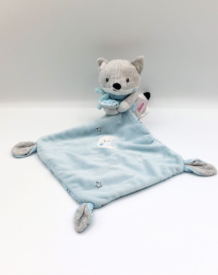 Doudou peluche renard gris mouchoir bleu POMMETTE lune étoiles lapin