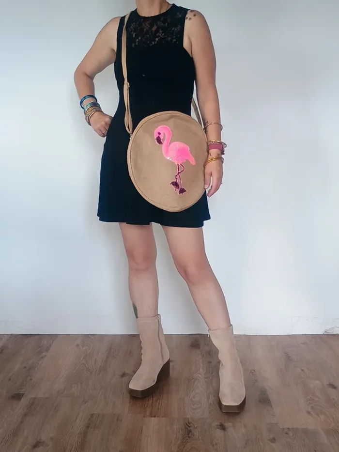 besace ronde en jute et flamand rose - photo numéro 3
