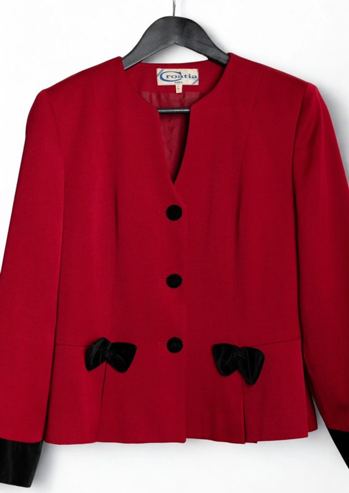 Veste tailleur rouge et noire bi matière • Red and black two-tone blazer Taille M - photo numéro 2