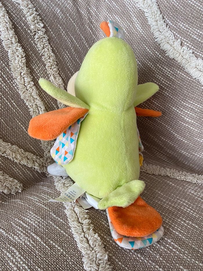 Peluche doudou musical 30cm obaïbi oiseau perroquet vert et orange très bon état - photo numéro 3