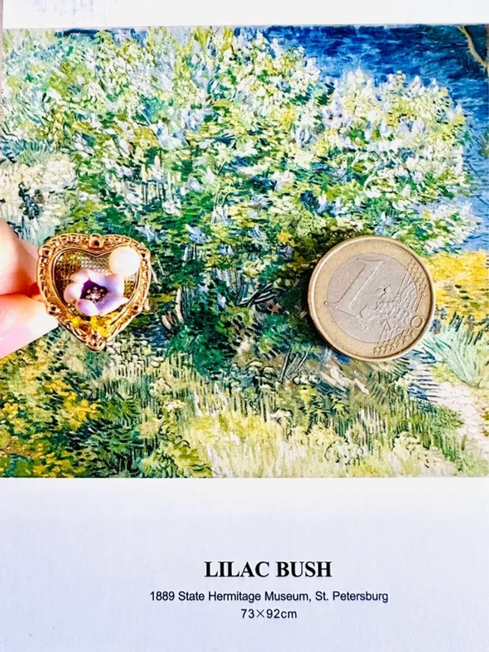 Bague cœur fleur violette – perle naturelle, pièce unique