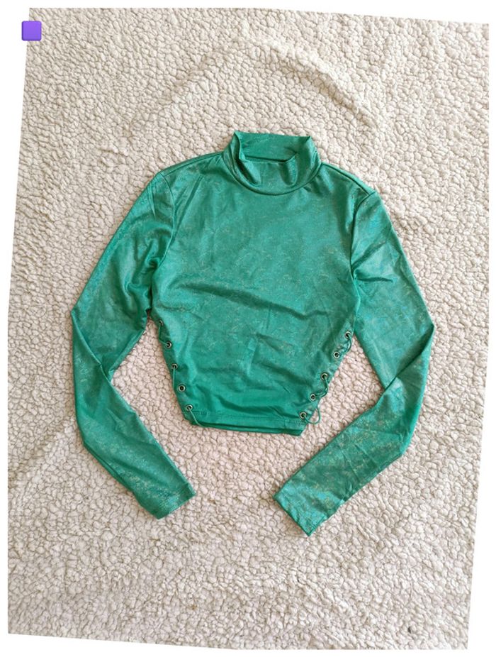 Top vert métallisé vintage lacets fil sur coté, brillant, doré - photo numéro 7