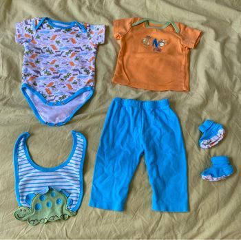 Ensemble 5 pièces Dinosaures, bleu clar et orange, 9 mois