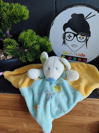 Doudou plat souris mots d'enfants bleu jaune oiseau maison vert ancien DD003458