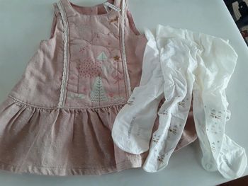 Ensemble Robe rose + collants neufs bébé fille motif noël 1 mois