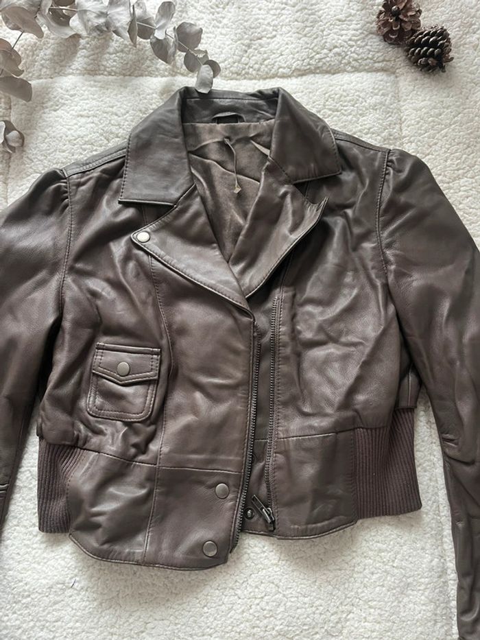 Veste courte cuir véritable marron - photo numéro 2