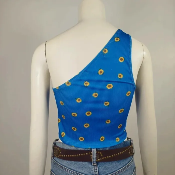 Crop top asymétrique bleu à tournesols – Taille S/M A716 - photo numéro 5