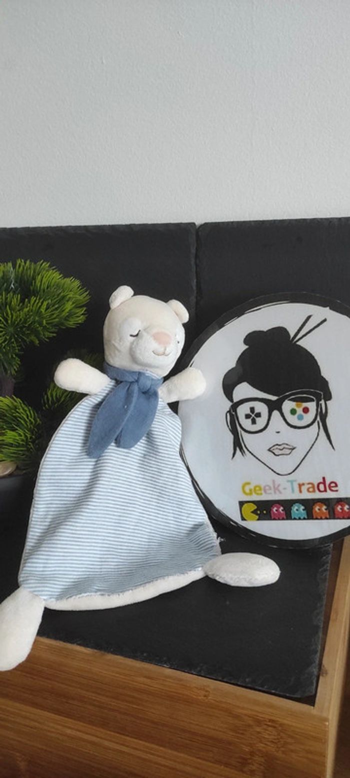 H & M Doudou plat ours rayé bleu beige echarpe rayure lama blanc chat