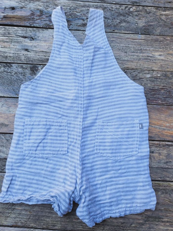 Superbe salopette short légère (lin et coton) Natalys, blanche rayée gris/bleu, 12 mois (1an) - photo numéro 3