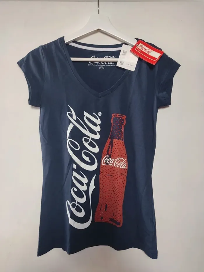 T-shirt femme Coca-Cola bleu marine et paillettes 34/36 Neuf avec étiquette