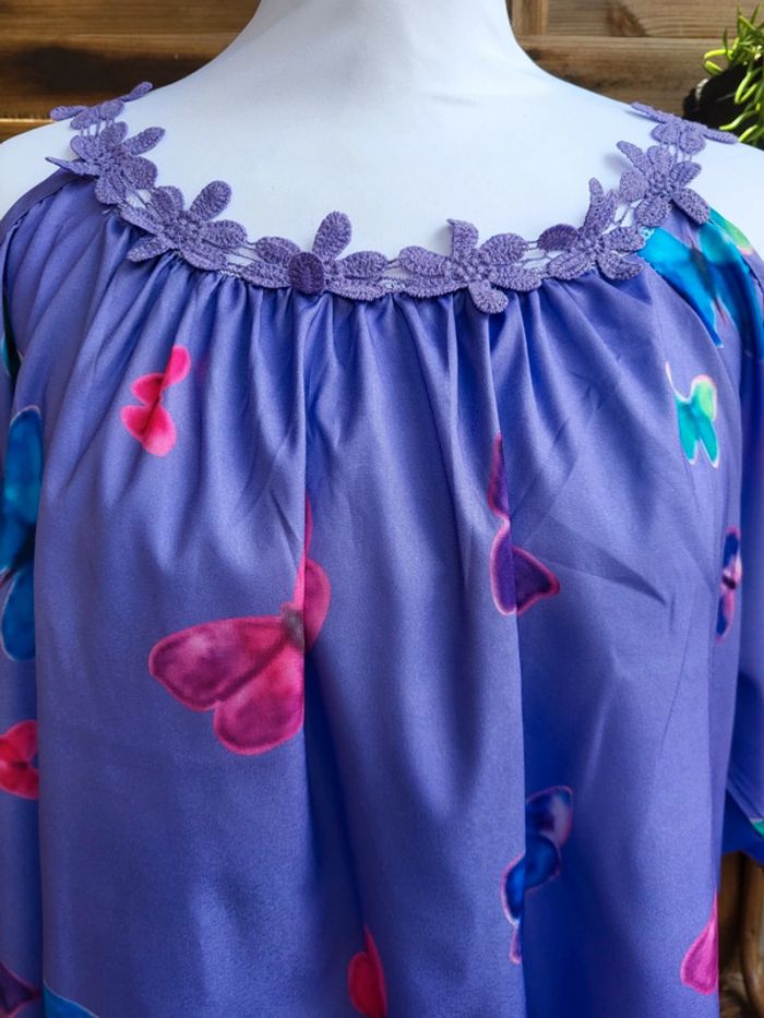 Blouse fluide broderie papillon violet multicolore taille 50 - photo numéro 4