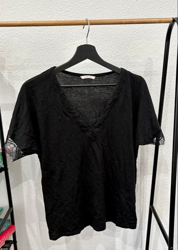 Haut noir col V avec empiècements dentelle Camaïeu - Taille L