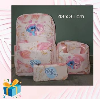 🌸 Ensemble scolaire Sac à Dos, Lunchbox et Trousse Stitch & Angel rose