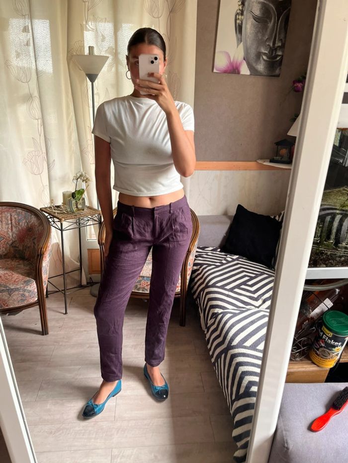 Pantalon en lin violet vintage bohème champêtre