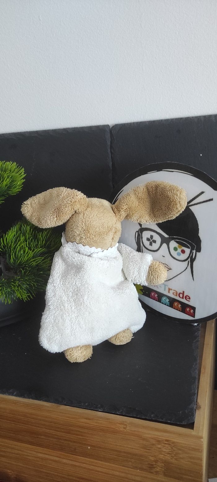 Doudou lapin Trousselier nid d'ange blanc marron triangle colerette grelot hochet ancien - photo numéro 2