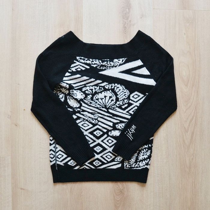 Desigual Pull Acrylique Col évasé Noir et Blanc Femme Exclusive Collection Vintage (Taille S) - photo numéro 2