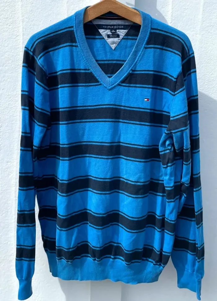 V-Neck Knit Pullover pull Tommy Hilfiger Mens XL Pima Cotton blue