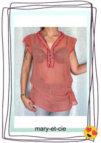 SOLDÉ - Blouse longue légère manches courtes, avec ceinture taille 44