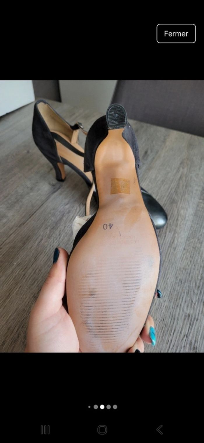 Escarpins ouvert noir anthracite cuir et daim à talon - photo numéro 3