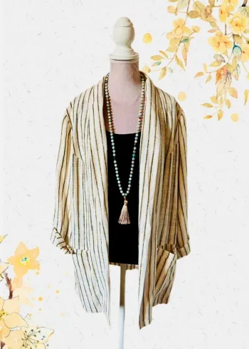 🍃Veste en lin neuve T.42 à rayures fines Grain de Malice casual chic linen striped open blazer🍃
