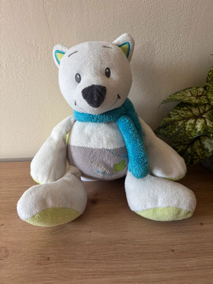 Doudou peluche ours renard blanc gris écharpe bleu musical doukidou dou kidou