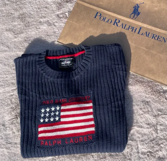 Pull Ralph Lauren Flag USA Bleu Marine Femme - L