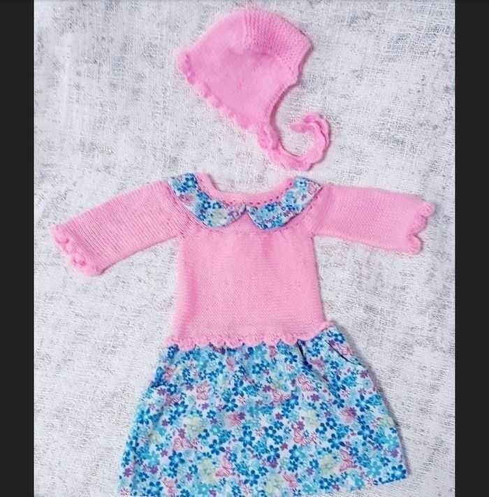 Vêtement ensemble robe fleurie avec col claudine et bonnet béguin tricot fait main bébé fille 12 mois - photo numéro 3