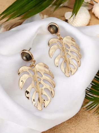 Paire de boucles d'oreilles pendantes  - feuille doré - acier inoxydable - neuves 🌴