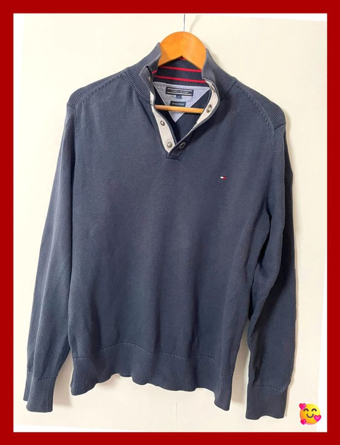 Pull Tommy Hilfiger – Taille M – Marine – Col à pressions – 100 % coton épais