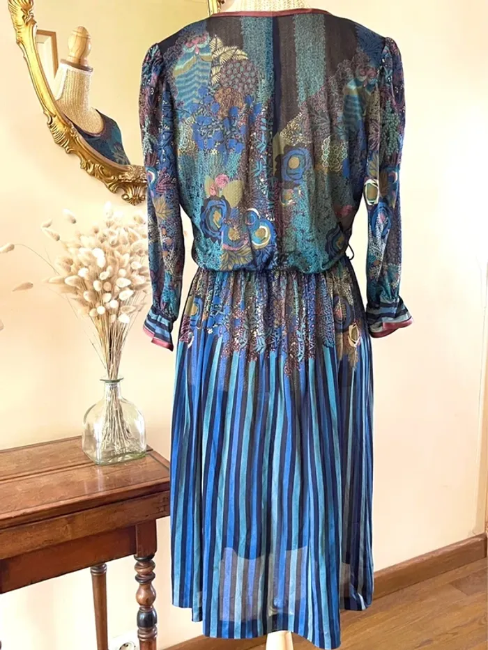 Robe à Motifs Végétal Panthère Plissé – Multi-Couleurs – Vintage – Taille M - photo numéro 6