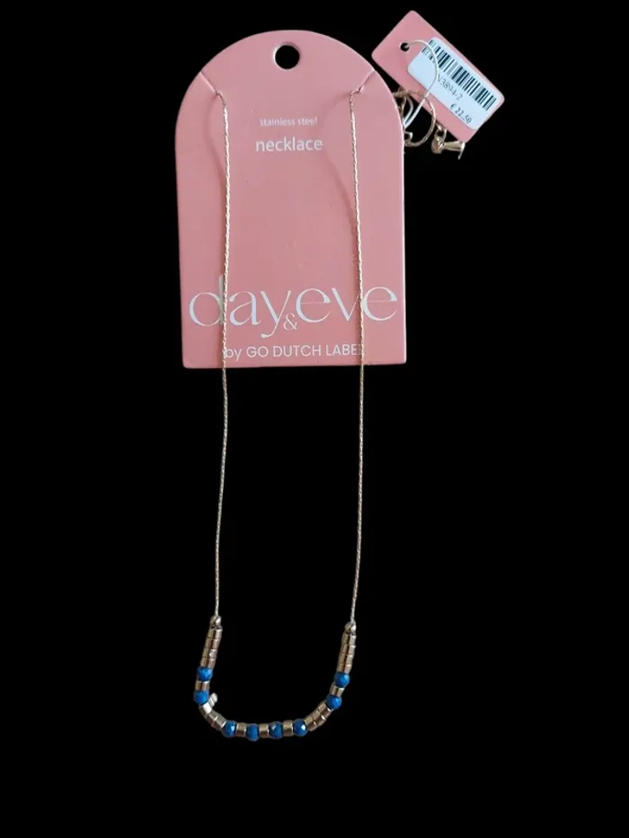 Collier fin perles bleus et dorées neuf avec étiquette - photo numéro 2