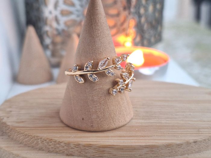Bague ouverte avec strass Détail Feuille en Acier Inoxydable Bague de fiançailles Cadeau pour elle - photo numéro 2