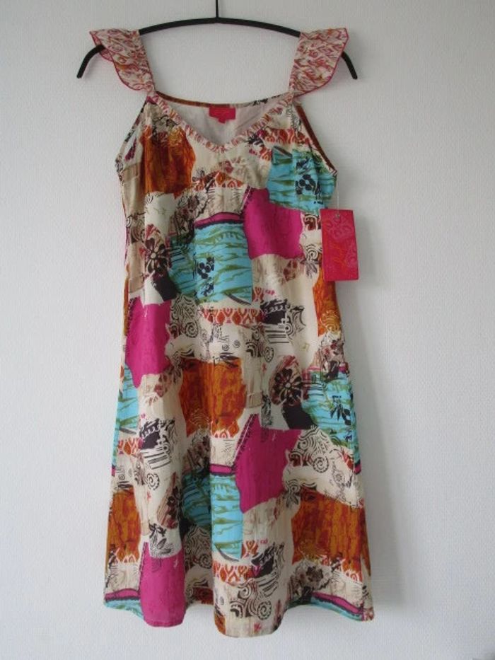Robe beige imprimé fuchsia/turquoise/camel Jac Jac 38 NEUVE - photo numéro 9